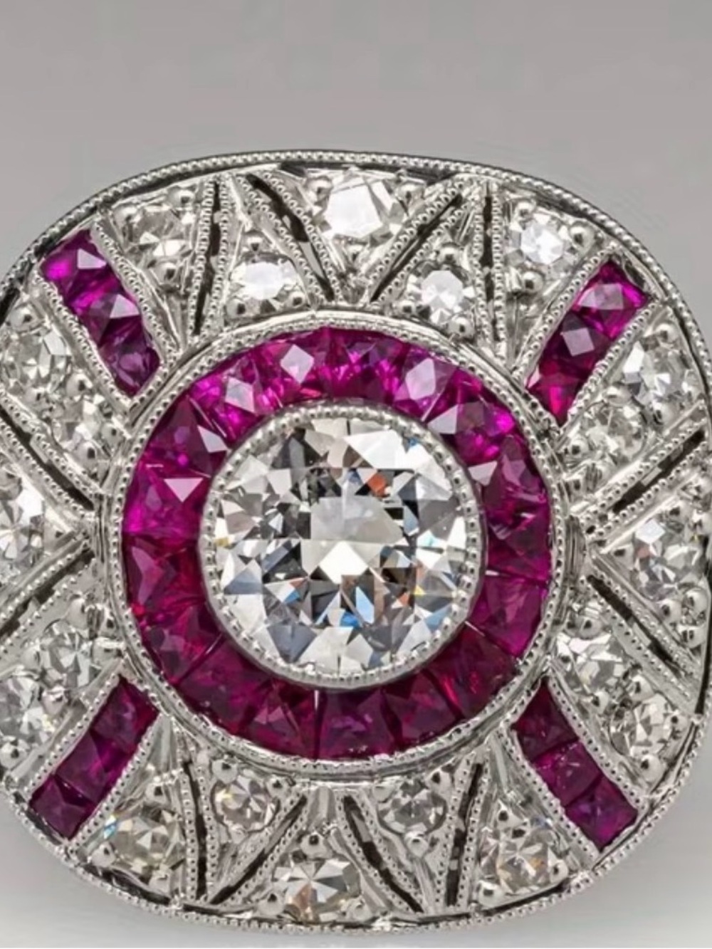Vintage-Inspired Silver Ring with Pink Ruby Halo and Center Clear Stone